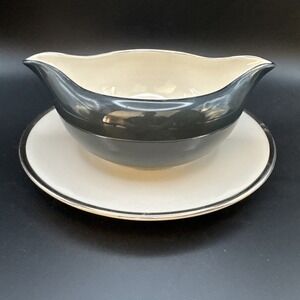 GORHAM Fine China gravy boat with attached underplate Peacock Blue‎ Silver trim